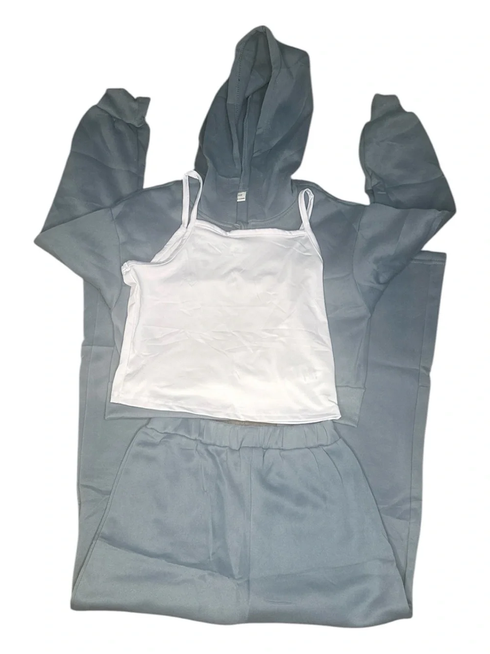 SHEIN Light Blue Cropped Hoodie & Wide-Leg Pants Set with White Tank